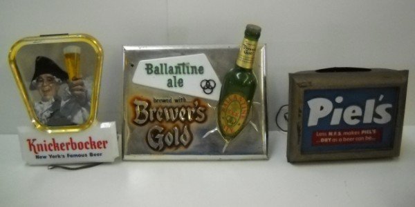 ADVERTISING: BEER ADVERTISING SIGNS INCLUDING KNICKERBOCKER ELECTIRIC SIGN; BALLANTINE ALE STANDING SIGN; PEILS ELECTRIC SIGN. LARGEST MEASURES 10 1/2 INCHES X 10 1/2 INCHES X 5 INCHES. CALL 845-457-7550 OR EMAIL 