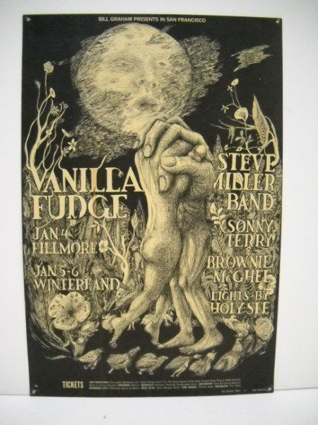 VANILLA FUDGE BILLY GRAHAM POSTER: BILLY GRAHAM PRESENTS IN SAN FRANCISCO VANILLA FUDGE, STEVE MILLER BAND POSTER, 1967. 21 INCHES X 14 INCHES. CALL 845-457-7550 OR EMAIL STERLINGAUCTION@AOL.COM FOR FULL CONDITION REPORT, SHIPPING/PACK