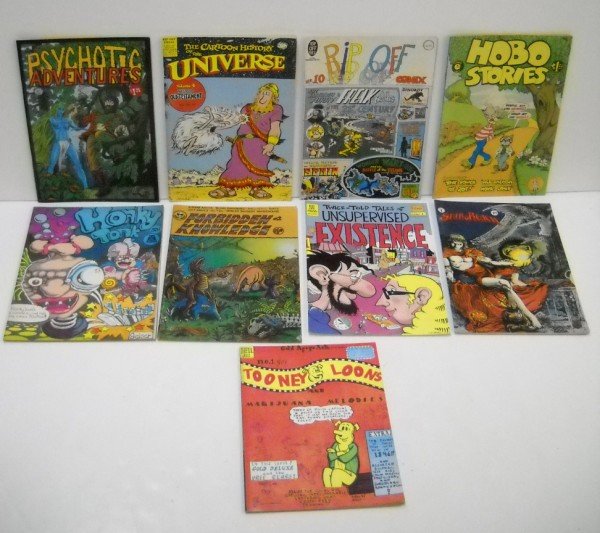HOBO STORIES; TOONEY LOONS; HONKY TONK UNDERGROUN: STAR REACH #7 1977; TOONEY LOONS 1971; TWICE TOLD TALES OF UNSUPERVISED EXISTENCE #1 1989; FORBIDDEN KNOWLEDGE #2; HONKY TONK #2 1970; HOBO STORIES NO. 1; RIP OFF COMIX; THE CARTOON HISTORY OF THE UNI