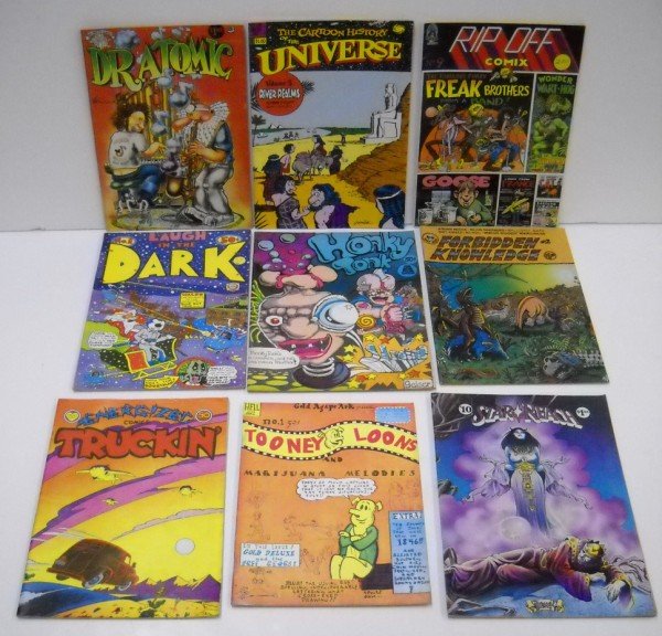 DR. ATOMIC; RIP OFF COMIX UNDERGROUND COMIC BOOK : STAR REACH #10 1977; TOONEY LOONS & MARIJUANA MELODIES 1971; TRUCKIN #2; FORBIDDEN KNOWLEDGE #2; HONKY TONK #2 1970; LAUGH IN THE DARK #2; RIP OFF COMIX #9; THE CARTOON HISTORY OF THE UNIVERSE VOL 3; 