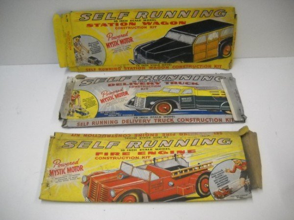 SELF RUNNING CONSTRUCTION KITS: 3 1940'S SELF RUNNING CONSTRUCTION KITS INCLUDING FIRE ENGINE; STATION WAGON; DELIVERY TRUCK BY EINSON FREEMAN CO. 18 INCHES X 6 1/2 INHCES. CALL 845-457-7550 OR EMAIL STERLINGAUCTION@AOL.COM FOR FULL