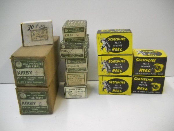 FISHING LOT: VARIOUS FISHING LURES INCLUDING KIRBY, PFLEUGER; SCOTCHLINE NO.15 CASTING REELS. CALL 845-457-7550 OR EMAIL STERLINGAUCTION@AOL.COM FOR FULL CONDITION REPORT, SHIPPING/PACKING QUOTES PRIOR TO BIDDING.
