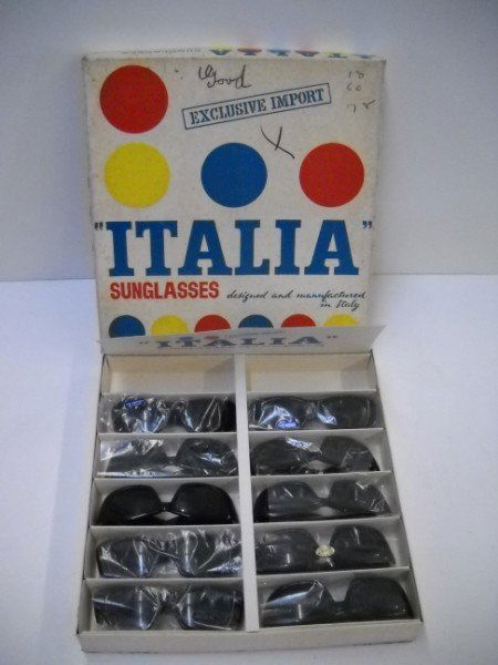 SUNGLASSES: ITALIA SUNGLASSES WITH ORIGINAL BOX. 13 1/2 INCHES X 12 1/2 INCHES. CALL 845-457-7550 OR EMAIL STERLINGAUCTION@AOL.COM FOR FULL CONDITION REPORT, SHIPPING/PACKING QUOTES PRIOR TO BIDDING. IF YOU BID W