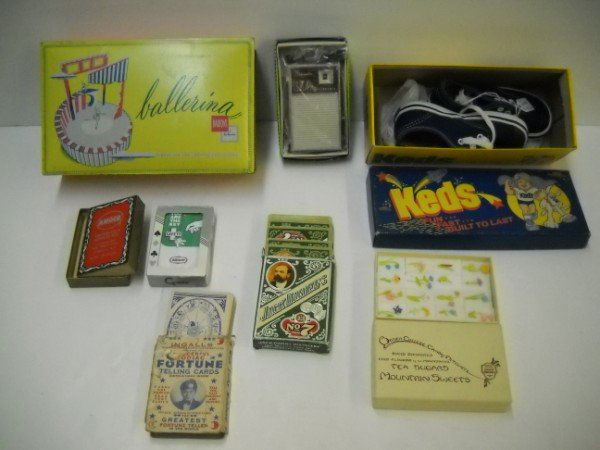 VARIOUS ITEMS: ITEMS INCLUDE CHILDS KEDS SNEAKERS IN ORIGINAL BOX; PLAYING CARDS; TRANSISTER RADIO; HAND DECORATED SUGAR CUBES. CALL 845-457-7550 OR EMAIL STERLINGAUCTION@AOL.COM FOR FULL CONDITION REPORT, SHIPPING/