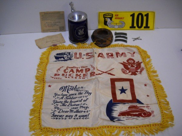 WWII ITEMS: WW II ITEMS INCLUDING RANGER AIRBORNE PATCHES; CROSSED METAL CARBINES; 101 AIR ASSUALT PAPER SIGN; 98TH INF. HAND MADE WOOD ASHTRAY; PILLOW CASE. CALL 845-457-7550 OR EMAIL STERLINGAUCTION@AOL.COM FOR