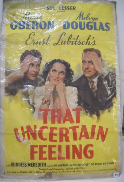 MOVIE POSTER: THAT UNCERTAIN FEELING WITH MELVYN DOUGLAS, MERLE OBERON MOVIE POSTER. 41 INCHES X 27 INCHES. CALL 845-457-7550 OR EMAIL STERLINGAUCTION@AOL.COM FOR FULL CONDITION REPORT, SHIPPING/PACKING QUOTES PRIO
