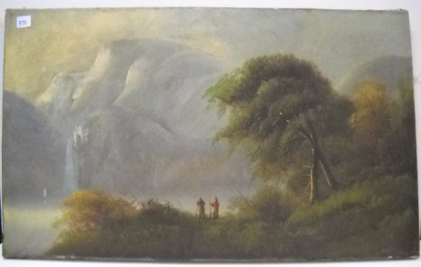OIL ON CANVAS: 19TH C. OIL ON CANVAS AMERICAN INDIANS IN VALLEY MOUNTAIN SCENE, HUDSON RIVER SCHOOL? 21 INCHES X 36 1/2 INCHES. CALL 845-457-7550 OR EMAIL STERLINGAUCTION@AOL.COM FOR FULL CONDITION REPORT, SHIPPING/