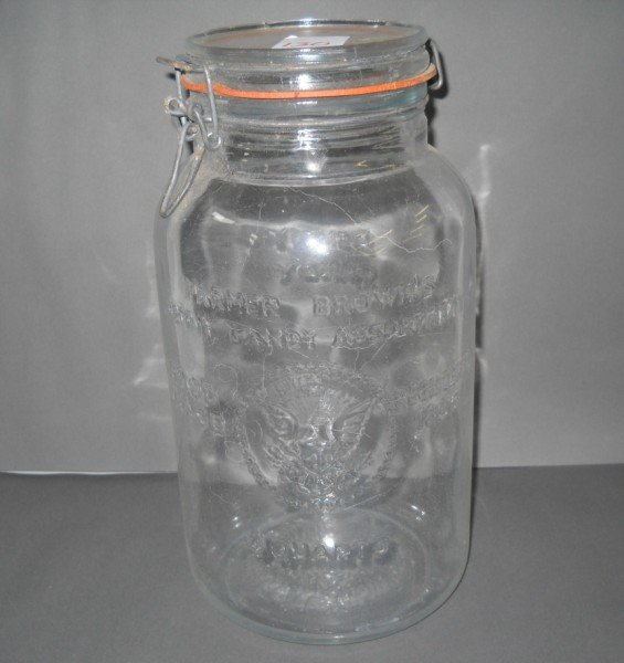 ADVERTISING: FARMER BROWN'S PENNY CANDY ASSORTED GLASS JAR. NOT SURE OF AGE. 12 1/2 INCHES HIGH X 5 1/2 INCHES WIDE. CALL 845-457-7550 OR EMAIL STERLINGAUCTION@AOL.COM FOR FULL CONDITION REPORT, SHIPPING/PACKING Q