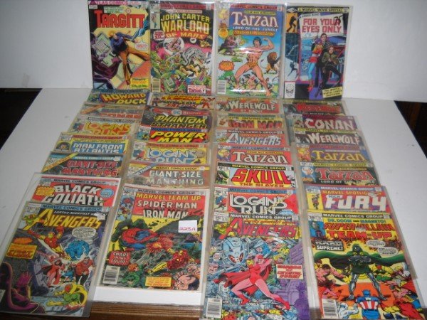 COMIC BOOKS: 38 COMIC BOOKS: TARZAN; LOGANS RUN; FURY; AVENGERS; SKULL; FOR YOUR EYES ONLY; WEREWOLF; POWER MAN; GIANT SIZE MAN THING; MAN FROM ATLANTIS; HOWARD THE DUCK. USED CONDITION. CALL 845-457-7550 OR EMAIL