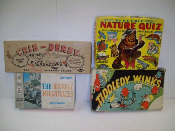 GAMES: ELECTRIC NATURE QUIZ; TIDDLEDY WINKS; THE BEVERLY HILLBILLIES CARD GAME; CRIB-DERBY. USED CONDITION. LARGEST MEASURES 12 INCHES X 7 INCHES. CALL 845-457-7550 OR EMAIL STERLINGAUCTION@AOL.COM FOR FULL