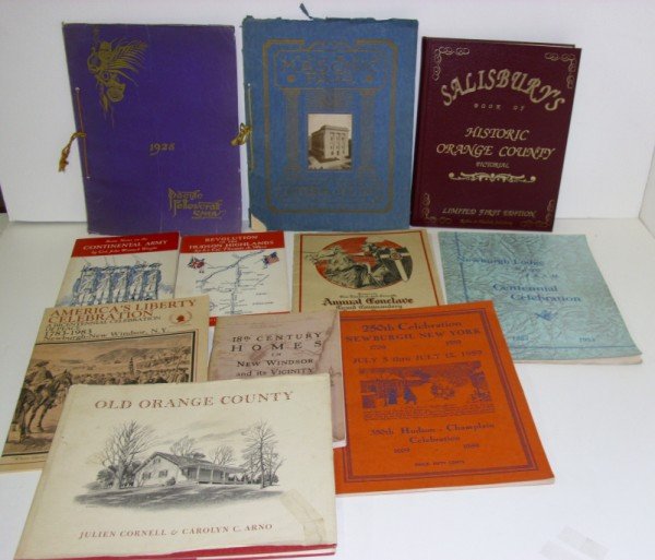PAPER LOT: PAPER ITEMS INCLUDING NEWBURGH LODGE BOOKLETS; ORANGE COUNTY HOMES; NEW WINDSOR CANTONMENT; MASONIC FAIR 1915. TEARS; CREASES; FOXING. LARGEST MEASURES 12 1/2 INCHES HIGH X 9 1/2 INCHES WIDE. CALL 845