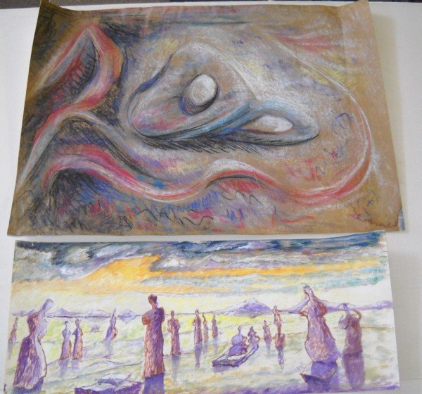 MIXED MEDIA DRAWING: MIXED MEDIA DRAWING PEOPLE & PASTEL ABSTRACT DRAWING ON POSTER BOARD ATTRIBUTED TO HUGO GNAM. UNFRAMED. LARGEST MEASURES 19 INCHES X 28 INCHES, CALL 845-457-7550 OR EMAIL STERLINGAUCTION@AOL.COM FOR F