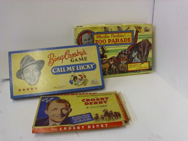 BOARD GAMES: 3 BOARD GAMES INCLUDING BING CROSBY'S CALL ME GAME; CROSBY DERBY 1947; MARLIN PERKINS ZOO PARADE 1955. STAINS; BOXES TORN; USED CONDITION. LARGEST MEASURES 20 INCHES X 12 1/2 INCHES. CALL 845-457-7550