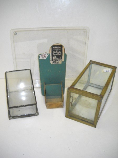 DISPLAY CASES: 2 SMALL GLASS DISPLAY CASES; 1 PLASTIC PAPER DISPLAY CASE; & 1 PHILCO TELEVISION ADVERTISING BROSCHURE DISPLAY. USDED CONDITION; SCRATCHES; WEAR. LARGEST MEASURES 16 INCHES X 14 INCHES. CALL 845-457-7