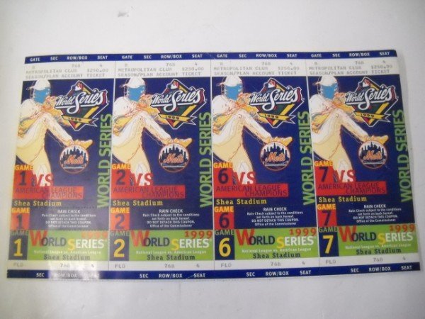 1999 WORLD SERIES TICKETS: 4 UNCUT 1999 WORLD SERIES TICKETS SHEA STADIUM FOR GAME 1, 2, 6, 7. 12 INCHES X 7 INCHES.