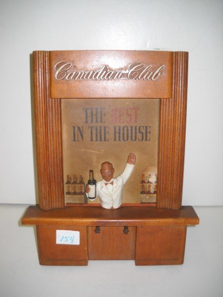LIQUOR ADVERTISING: CANADIAN CLUB LIQOUR ADVERTISING DISPLAY. CREATED BY KAY DISPLAYS INC. HOLE; STAINS; WEAR. 14 INCHES X 9 INCHES.