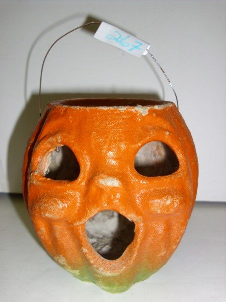 PAPER MACHE HALLOWEEN PUMPKIN: VINTAGE PAPER MACHE HALLOWEEN PUMPKIN. SCUFF; PAINT LOSS. 5 INCHES X 4 INCHES.