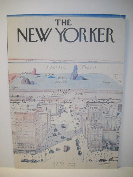 POSTER: 1976 THE NEW YORKER MAGAZINE INC. POSTER BY STEINBERG. PAPER LOSS ON TOP; SMALL TEAR. 40 INCHES 28 INCHES.