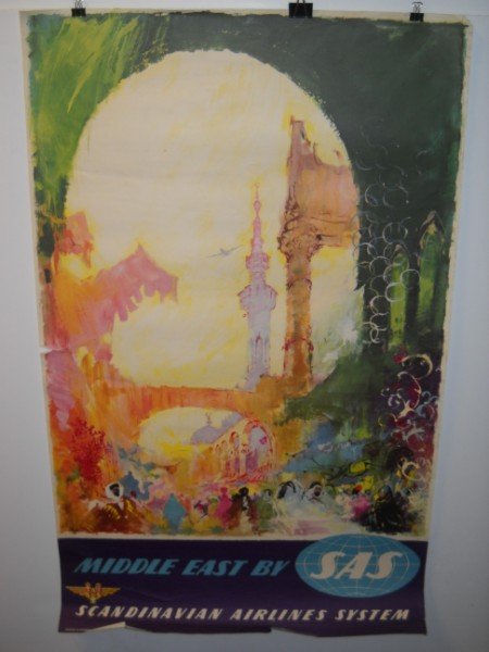 TRAVEL POSTER: 1960'S MIDDLE EAST BY SCANDINAVIAN AIRLINES SYSTEM TRAVEL POSTER. USED CONDITION; EDGE RIPS; CREASES; EDGE TEARS. 39 1/2 INCHES HIGH X 24 1/2 INCHES WIDE.