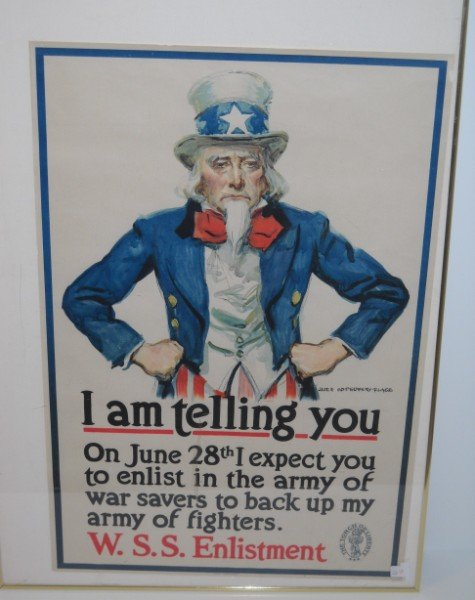 WW II POSTER: WW II "I AM TELLING YOU" UNCLE SAM POSTER BY JAMES MONTGOMERY FLAGG. TEAR ACROSS NOSE; TEAR ON EDGE. 30 INCHES X 20 INCHES.