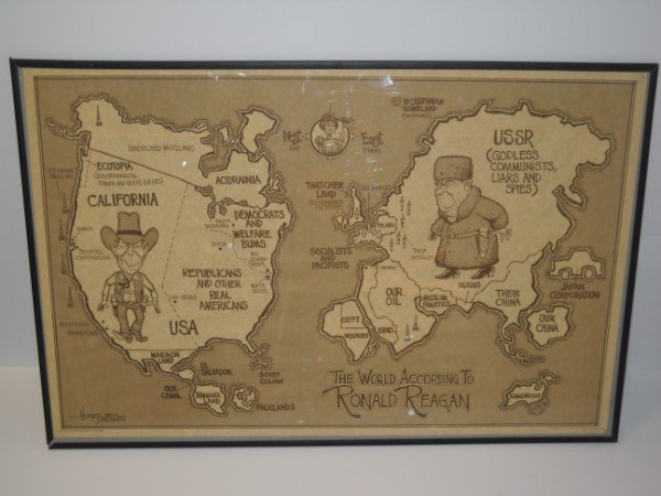 POLITICAL POSTER: 1982 THE WORLD ACCORDING TO REAGAN POLITICAL POSTER, ARTIST DAVID HORSEY. 24 INCHES X 35 INCHES.