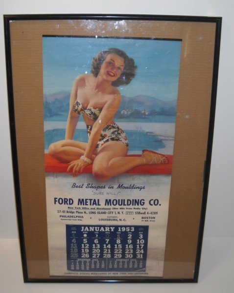 ADVERTISING CALENDAR: 1953 FORD METAL MOULDING CO. ADVERTISING CALENDAR SINGED IN PLATE BY ZOE MOZERT. 37 INCHES X 16 INCHES.