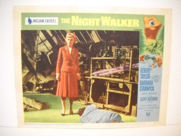 LOBBY CARD: LOBBY CARD - THE NIGHT WALKER WITH ROBERT TAYLOR, BARBARA STANWYCK. 1965. USED CONDITION. 14 INCHES WIDE X 11 INCHES HIGH.