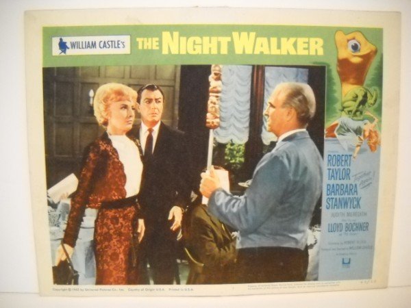 LOBBY CARD: LOBBY CARD - THE NIGHT WALKER WITH ROBERT TAYLOR, BARBARA STANWYCK. 1965. USED CONDITION. 14 INCHES WIDE X 11 INCHES HIGH.