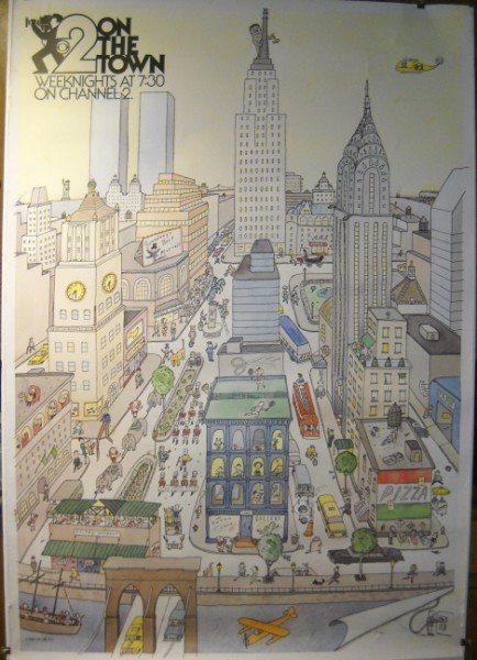 ADVERTISING POSTER: LARGE 2 ON THE TOWN WEEKNIGHTS AT 7:30 ON CHANNEL 2 DOUBLE SIDE BUS STOP ADVERTISING POSTER. EDGE TEARS. 47 1/2 INCHES WIDE X 68 INCHES HIGH.