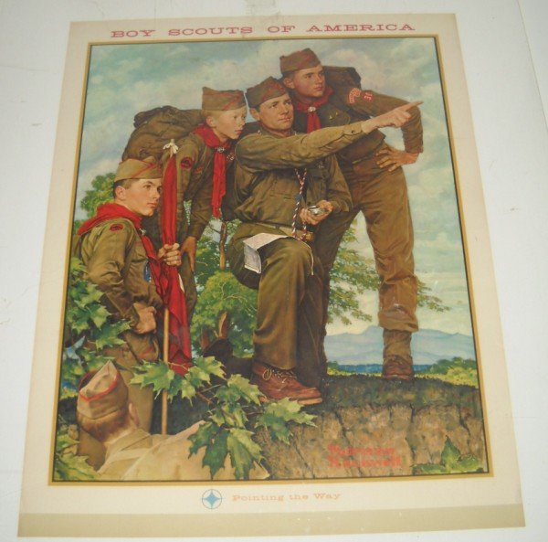 BOY SCOUT POSTER: 1960'S NORMAN ROCKWELL SIGNED IN PLATE BOY SCOUTS OF AMERICA "POINTING THE WAY" POSTER. USED CONDITION; CREASES; EDGE RIP. 28 1/2 INCHES HIGH X 22 INCHES WIDE.
