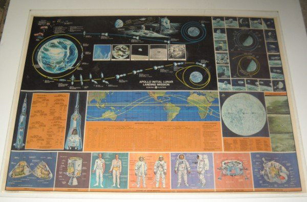 ADVERTISING POSTER: 1969 GENERAL ELECTRIC APOLLO INITIAL LUNAR LANDING MISSION CHART POSTER. USED CONDITION; CREASES; STAINED ON BACK. 39 1/2 INCHES WIDE X 28 1/2 INCHES HIGH.