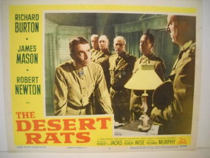 LOBBY CARD: LOBBY CARD - THE DESERT RATS WITH RICHARD BURTON, JAMES, ROBERT NEWTON, ROBERT DOUGLAS, BEN WRIGHT. 1953. USED CONDITION. 14 INCHES WIDE X 11 INCHES HIGH.