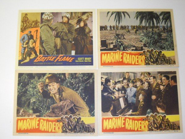 LOBBY CARD: 4 LOBBY CARDS - 3 MARINE RAIDERS WITH PAT O'BRIAN, ROBERT RYAN, RUTH HUSSEY, RICHARD MARTIN. 1944. USED CONDITIONCREASES; BENT CORNER;ALSOBATTLE FLAME WITH SCOTT BRADY, ELAINE EDWARDS, ROBERT BLAKE. 1