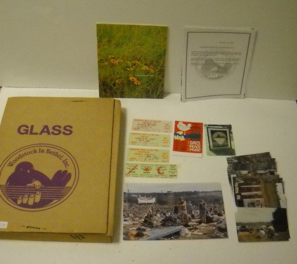 WOODSTOCK LOT: ORIGINAL WOODSTOCK LOT INCLUDING PROGRAM; SIGNED TICKETS; PHOTO; ALSO POSTCARDS FROM 1994.