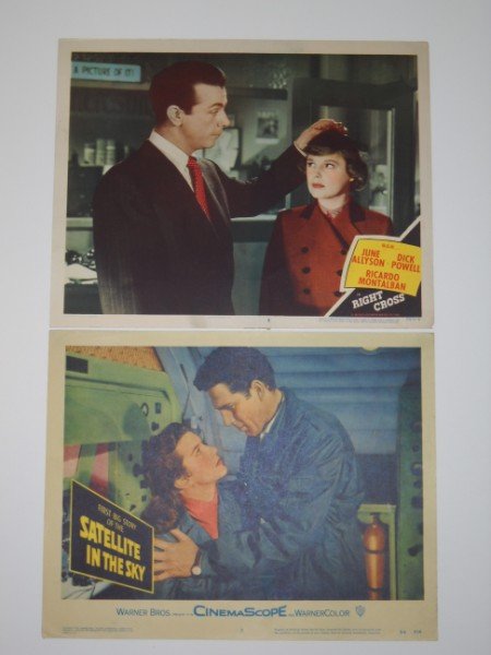 LOBBY CARD: 2 LOBBY CARDS - SATELLITE IN THE SKY WITH KIERON MOORE, LOIS MAXWELL, DONALD, BARRY KEEGAN. 1956. USED CONDITION.; ALSO RIGHT CROSS WITH JUNE ALLYSON, DICK POWELL, RICARDO MALTALBAN. 1950. USED CONDIT