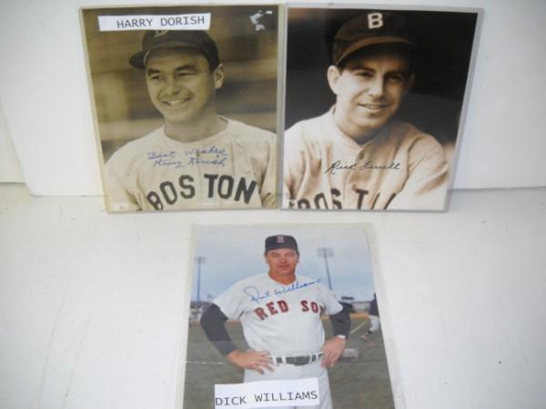SIGNED PHOTOS: 3 BOSTON RED SOX SIGNED PHOTOS BY HARRY DORISH; DICK WILLIAMS; RICK FARRELL. 8 INCHES X 10 INCHES