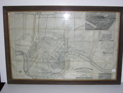 MAP: THE WORLD'S INDUSTRIAL & COTTON CENTENNIAL EXPOSITION NEW ORLEANS L.A. MAP. CREASES; TEARS; STAINS; HOLE IN FRAME. FRAMED MEASURES 29INCHES X 42 INCHES