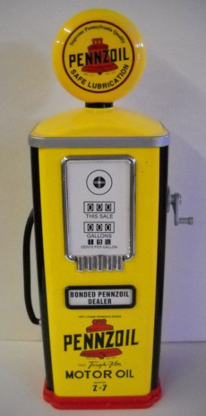 PENNZOIL TOY GAS PUMP: PENNZOIL MOTOR OIL LARGE TOY PEDAL CAR GAS PUMP. 33 INCHES X 8 INCHES