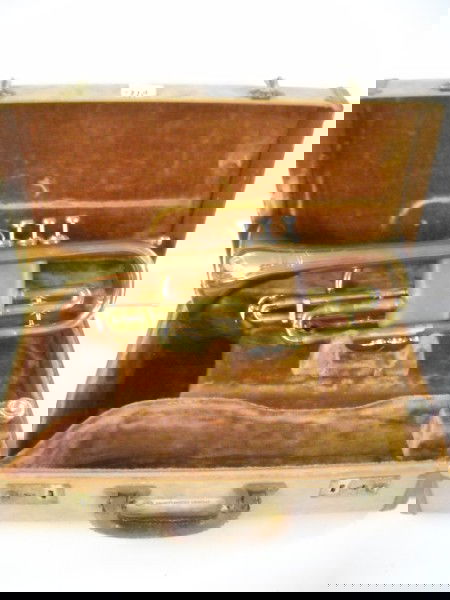 TRUMPET: PAN AMERICAN TRUMPET WITH CASE. USED CONDITION. CASE MEASURES 17 INCHES X 9 INCHES