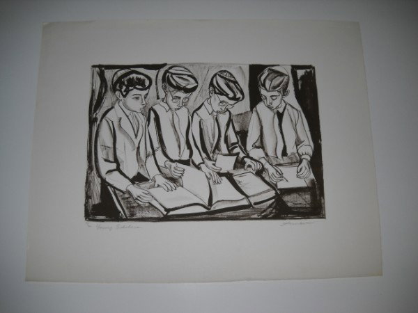 LITHOGRAPH: LITHOGRAPH SIGNED (IRVING) AMEN TITLED YOUNG SCHOLARS 81/200. 20 INCHES X 26 INCHES