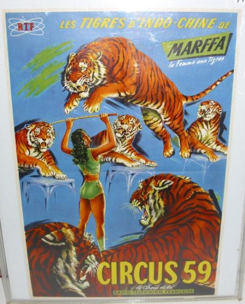 CIRCUS POSTER: CIRCUS 59 (1959) FRENCH CIRCUS POSTER WITH TIGERS, SIGNED IN PLATE TONI BERNAT. RADIO TELEVISION FRANCAISE. FOLDED CREASES; MINOR EDGE TEAR. 21 1/2 INCHES X 15 INCHES