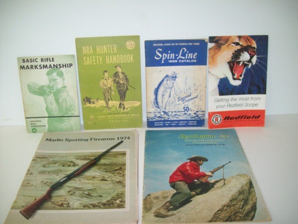 HUNTING MAGAZINES: 1969 SPIN-LINE CATALOG; 1960 BASIC RIFEL MARKSMANSHIP BOOKLET; 1959 NRA HUNTER SAFETY HANDBOOK. USED CONDITION