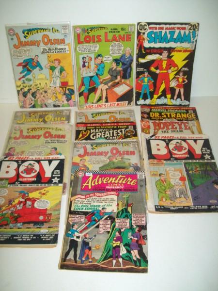 COMIC BOOKS: 13 COMIC BOOKS INCLUDING SHAZAM; LOIS LANE; JIMMY OLSEN; POPEYE; DR. STRANGE; BOY. USED CONDITION; TEARS; TAPE; WRITING; CREASES; FOXING.