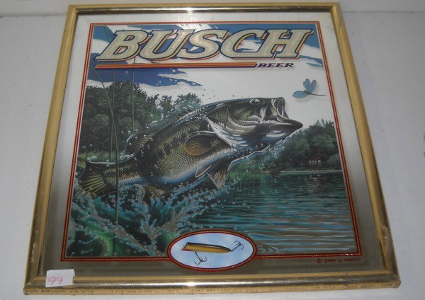 BEER ADVERTISING MIRROR: BUSCH BEER ADVERTISING MIRROR. HOLES IN FRAME. 19 INCHES X 17 INCHES.