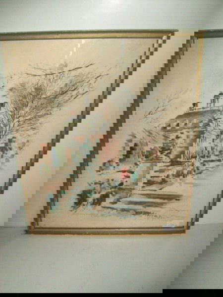 PRINT: GOVERNER'S PALACE WILLIAMSBURG PRINT SIGNED IN PLATE JOHN HAYNSOM? STAINED; FOXING. FRAME CHIPS. FRAMED MEASURES 19 INCHES X 23 INCHES.