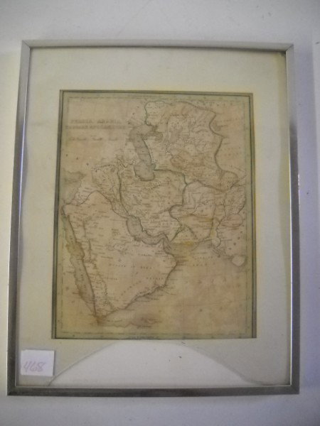 MAP: 19TH C. MAP OF PERSIA, ARABIA, TARTARY, AFGANISTAN. FOXING. GLASS CRACKED. 15 INCHES X 12 INCHES.