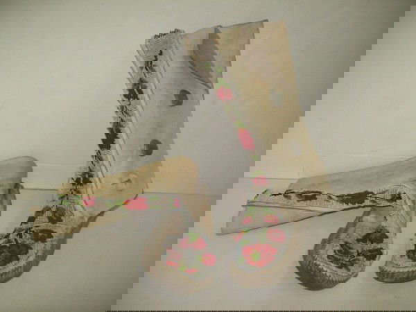 INDIAN BEADED BOOTS: INDIAN BEADED BOOTS BY GUILFAIR. LACKING BEADS & BUTTON; USED CONDITION. 12 INCHES X 10 INCHES