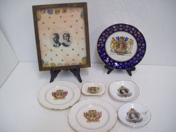 QUEEN ELIZABETH PLATES: 6 QUEEN ELIZABETH PLATES; & CORONATION 1932 QUEEN ELIZABETH FRAMED NAPKIN?. PLATES MARKED ROYAL GRAFTON; WASHINGTON POTTERY LTD. HANLEY ENGLAND; PALISSY ENGLAND. USED CONDITION; FADING; PAINT LOSS. 11