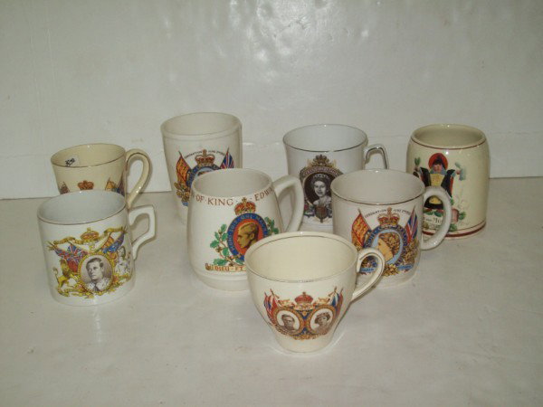 QUEEN ELIZABETH CUPS/MUGS: 8 CUPS/MUGS INCLUDING QUEEN ELIZABETH; KING EDWARD. MARKS INCLUDE WOODS IVORY WARE; ADAMS. WEAR;USED CONDITION. 4 INCHES HIGH