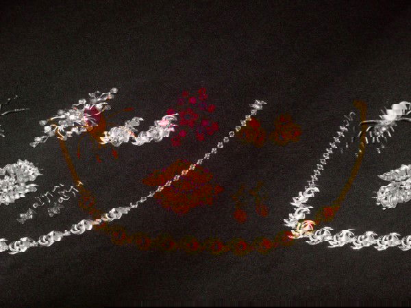 COSTUME JEWELRY: SPIDER PIN - LACKING JEWELS; NECKLACE & EARRINGS; 1 PIN MARKED CORO.